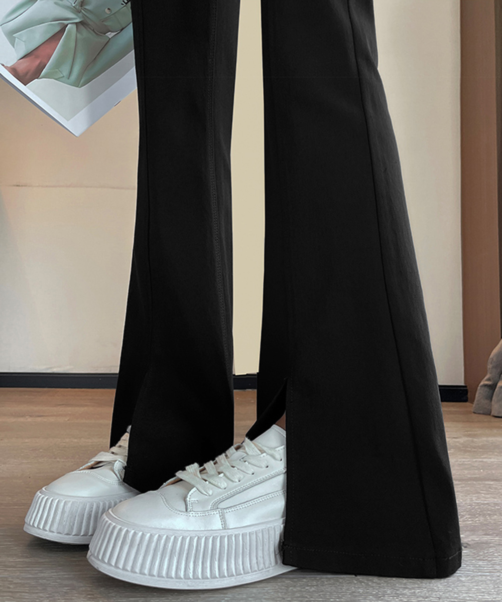 ワークパンツ ハイウエストフレアスラックス 裾スリット美脚パンツ
