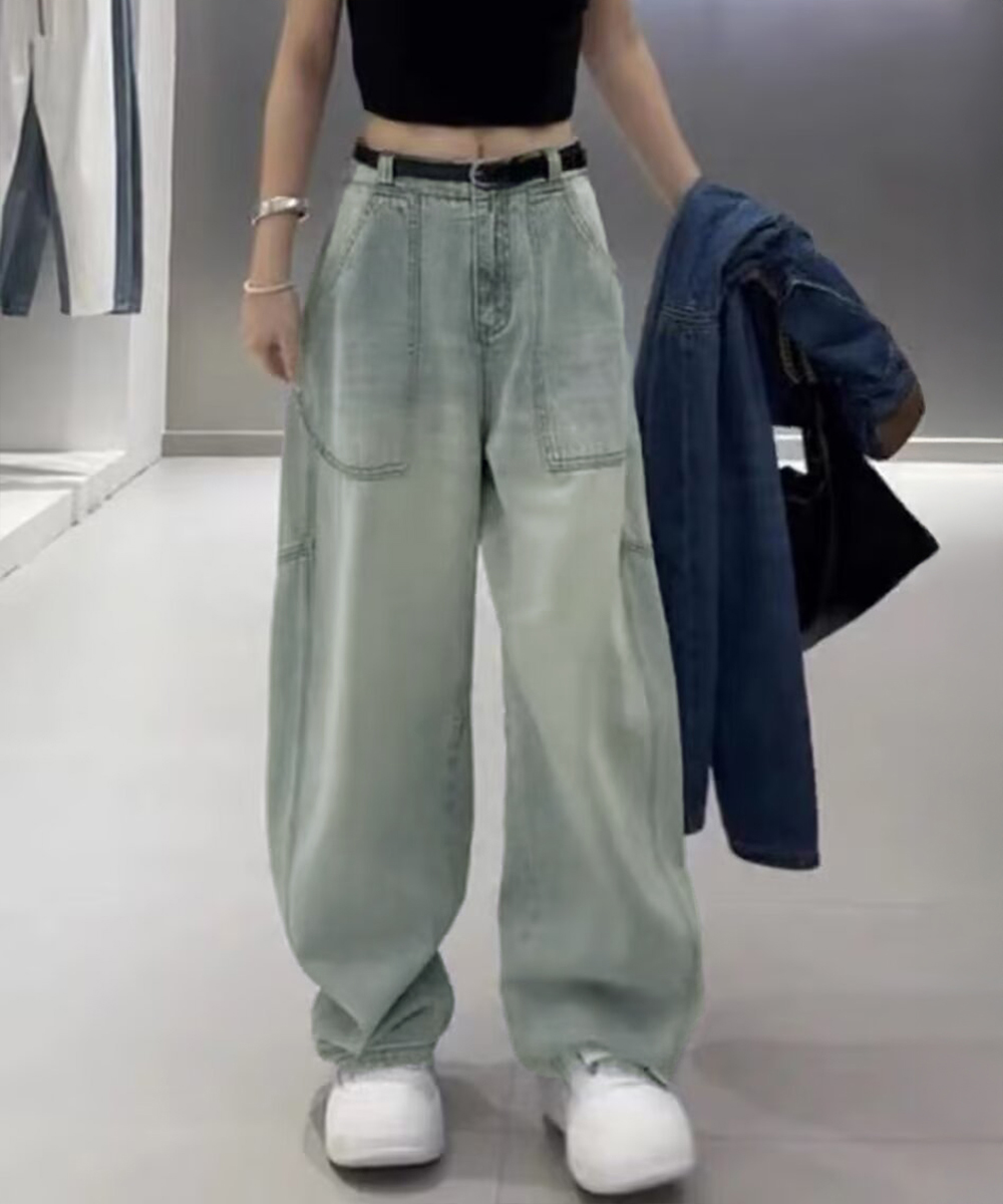 ワークパンツ レトロ風ワイドデニムパンツ 美脚バギー