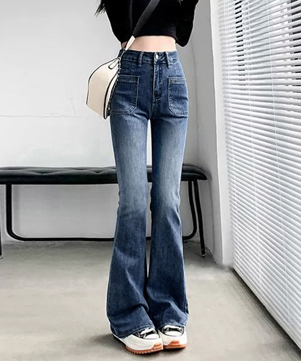 ワークパンツ 美脚効果 ハイウエストセミフレアデニム