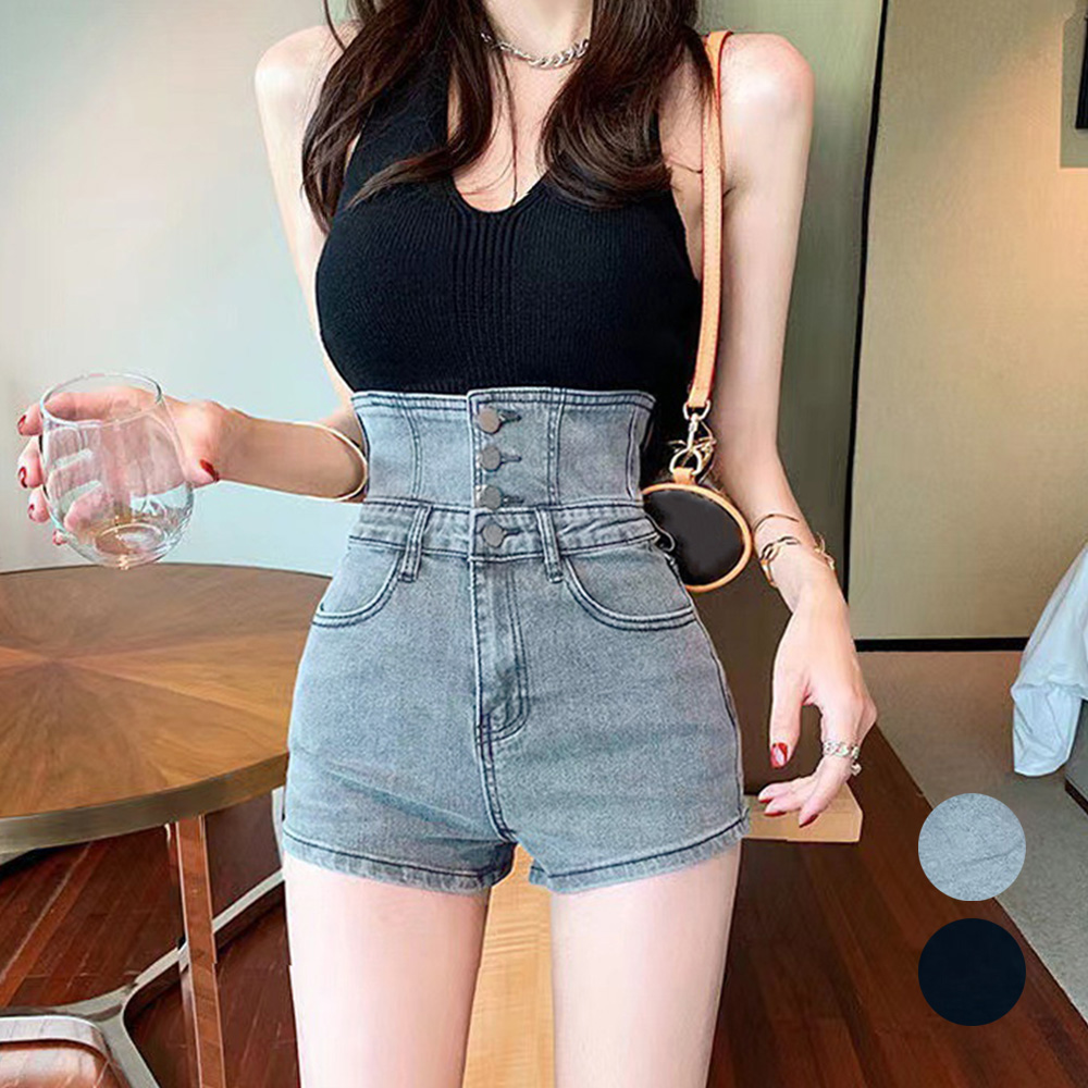 ワークパンツ 美脚効果抜群 コルセット風デニムショートパンツ