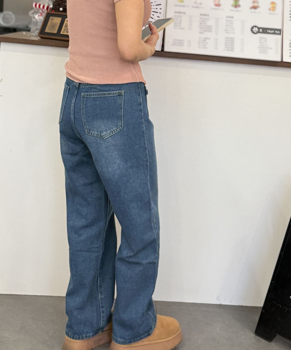 ワークパンツ ハイウエストデニム ポケット飾り ストレート