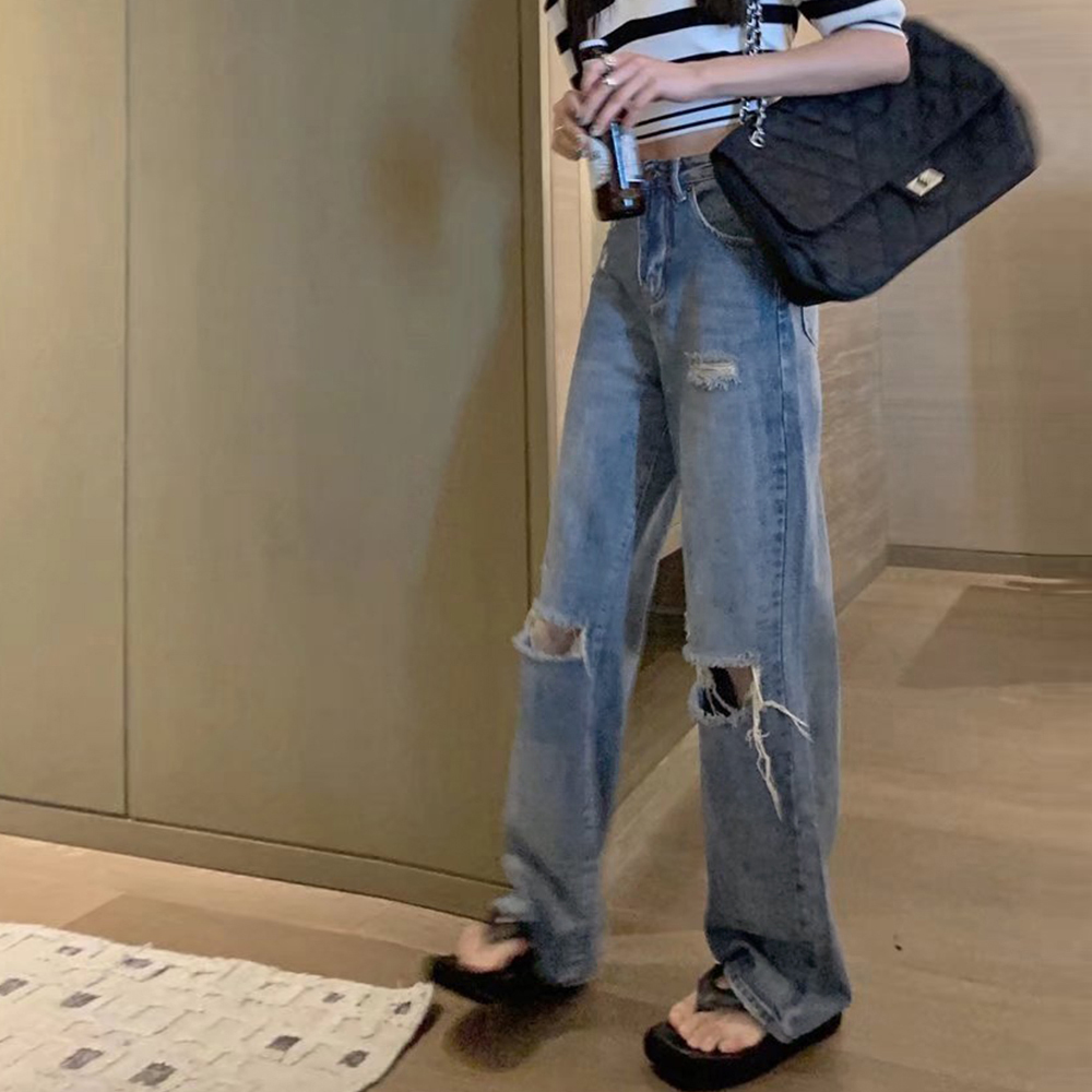 ワークパンツ ハイウエスト美脚ダメージデニム