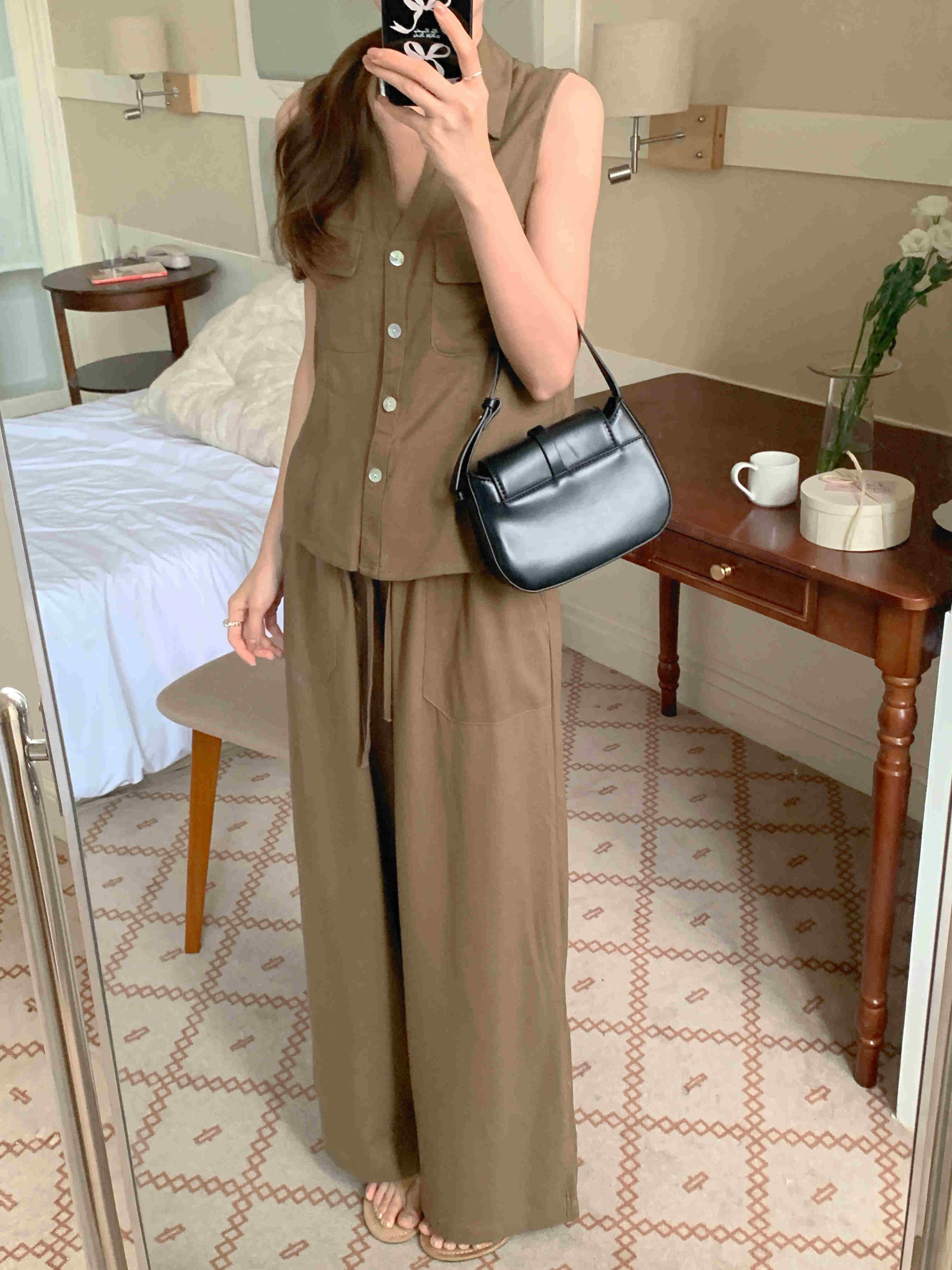 パンツセットアップ 2025年春夏新作 韓国風ワイドパンツセット袖なしシャツ