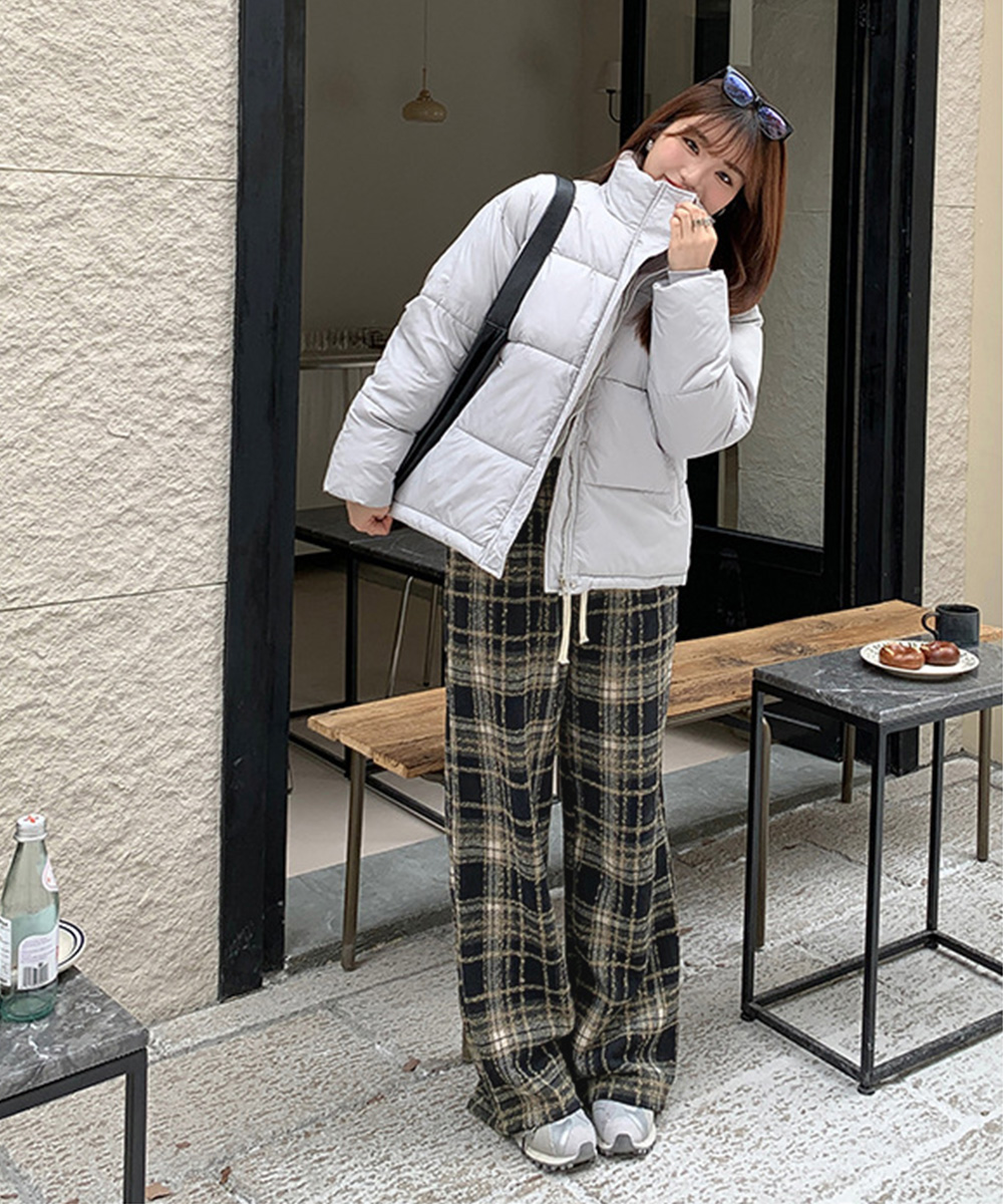 パンツセットアップ チェック柄ワイド起毛パンツ レディース ゴムウエスト