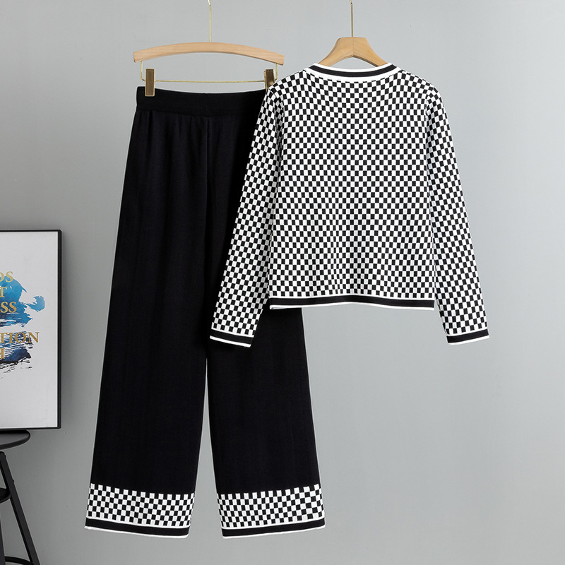 パンツセットアップ 市松模様ニットワイドパンツセット