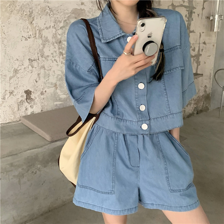 パンツセットアップ デニム風ゆったりショートパンツセット
