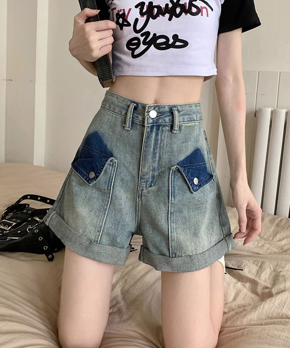 パンツセットアップ 裾ロールアップ デニムショート パンツ 美脚