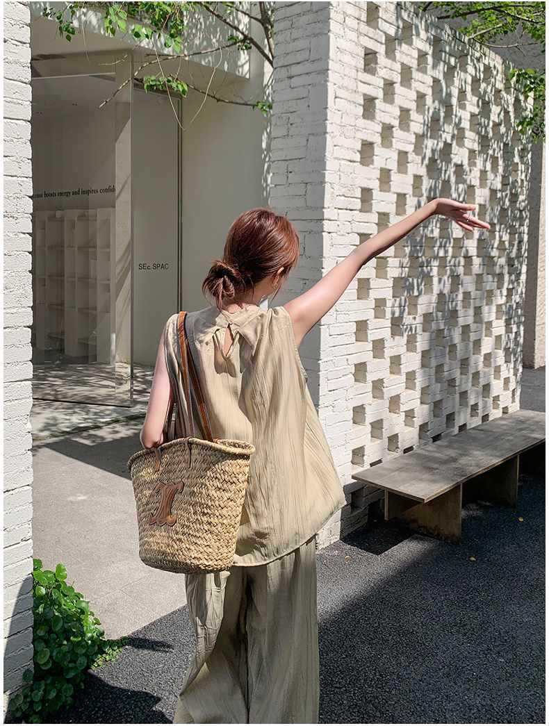 パンツセットアップ リネン風ノースリーブワイドパンツセット