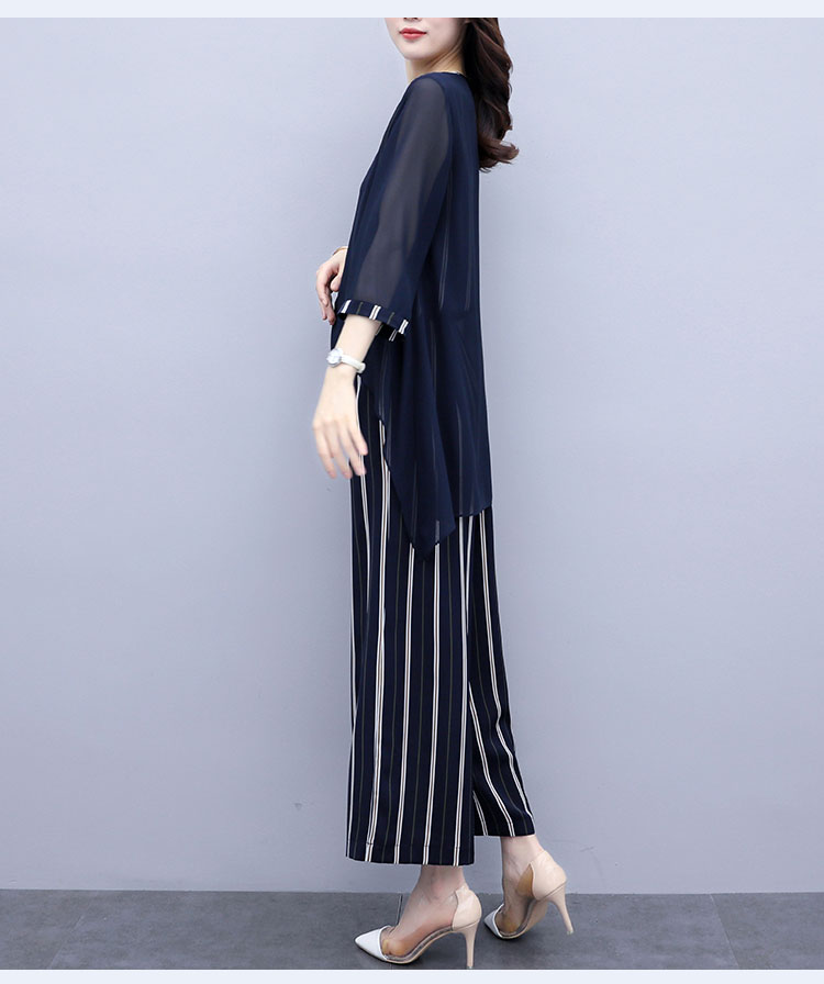 パンツセットアップ 優美シフォン重ね着風ストライプセット
