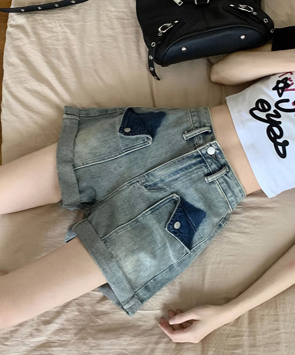 パンツセットアップ 裾ロールアップ デニムショート パンツ 美脚