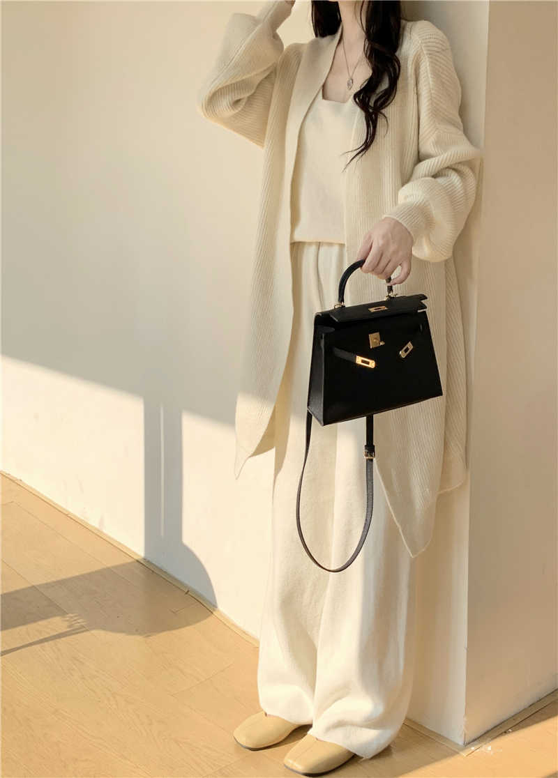 パンツセットアップ 秋冬新作 ニットカーディガン ワイドパンツ 三点セット