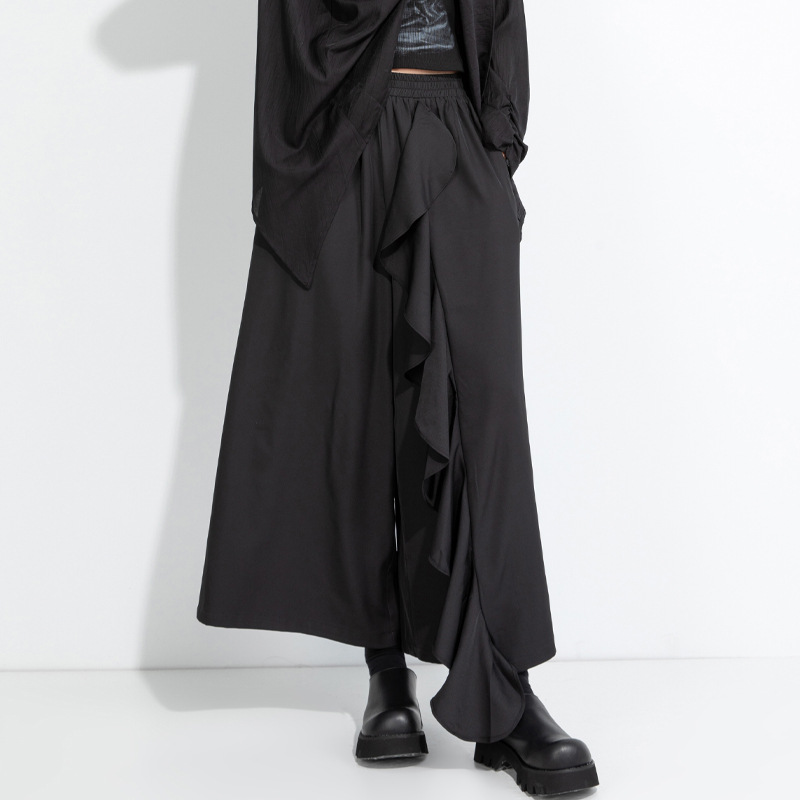 パンツセットアップ フリル装飾アシンメトリーワイドパンツ