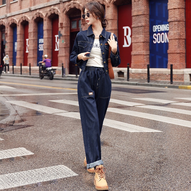 パンツセットアップ デニム素材ショートジャケット付きワイドパンツセットアップ