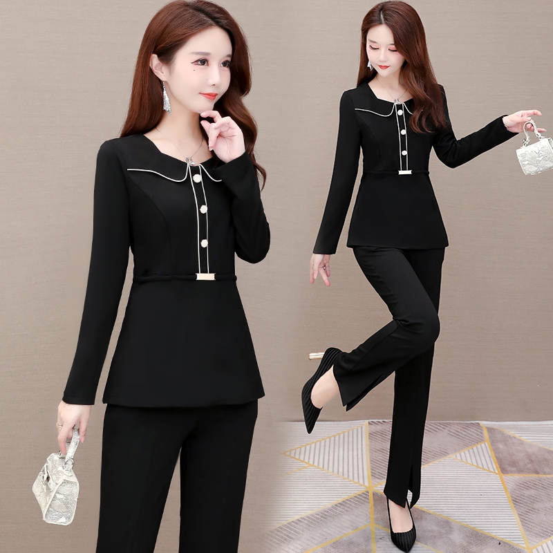 パンツセットアップ 丸襟パイピングトップス＆フレアパンツの上品セット