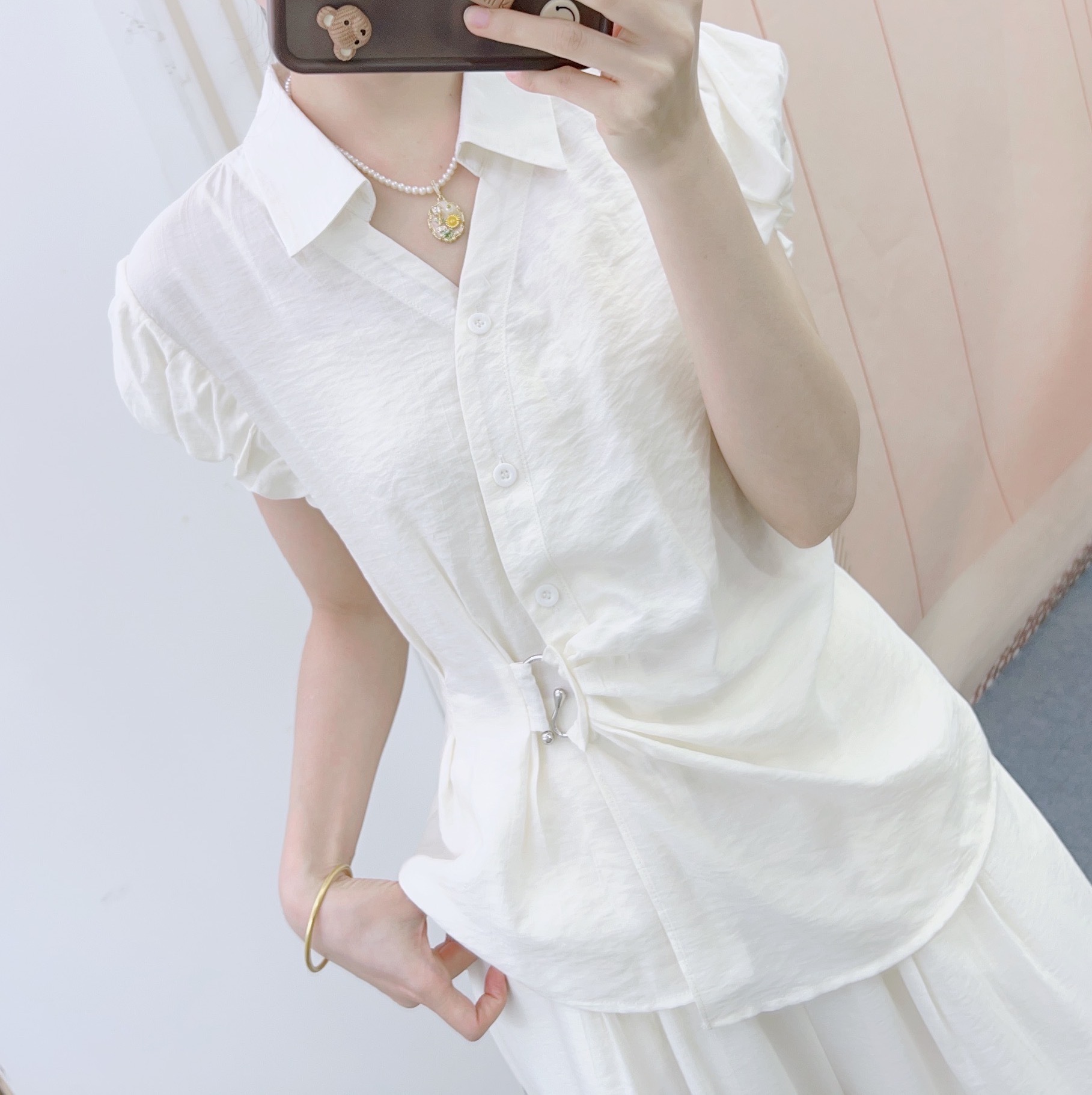 パンツセットアップ 袖フリル細ベルト付きワイドパンツセット