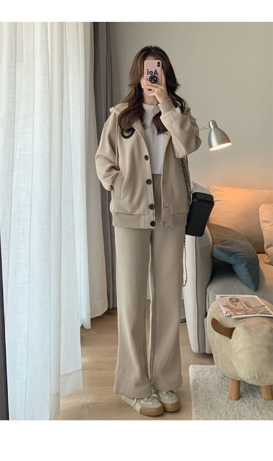 パンツセットアップ ワッペン付きゆったりジャケット&ワイドパンツセット