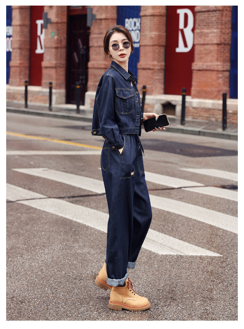 パンツセットアップ デニム素材ショートジャケット付きワイドパンツセットアップ