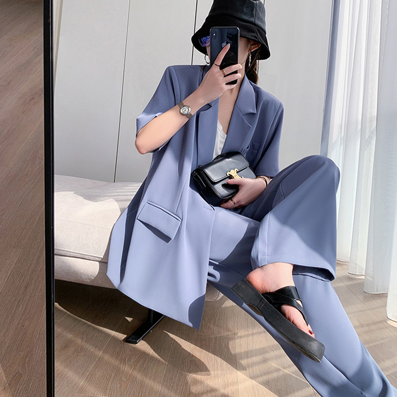 パンツセットアップ 半袖ゆったりジャケットワイドパンツセット
