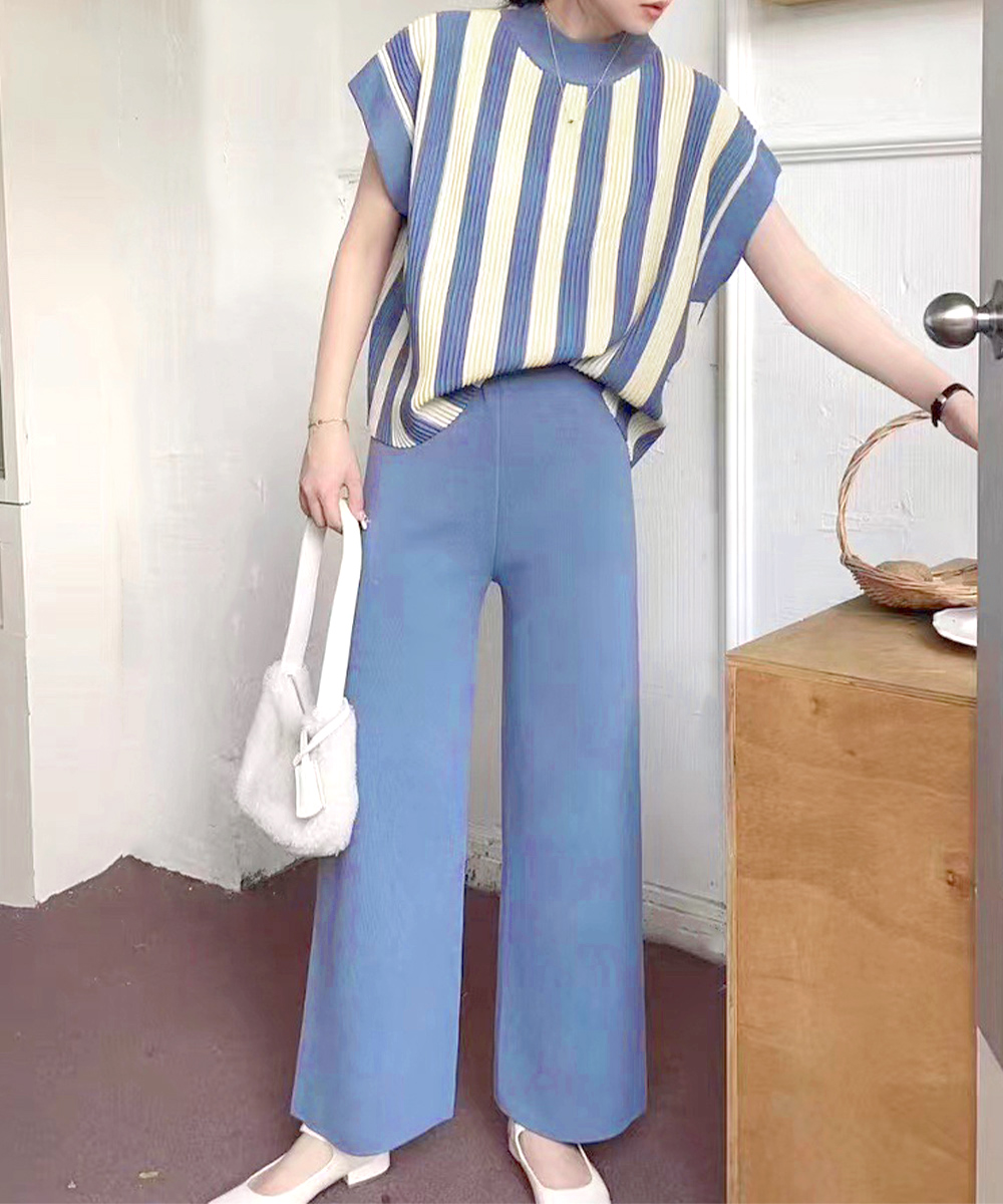 縦縞ニットワイドパンツセットアップ 春夏秋
