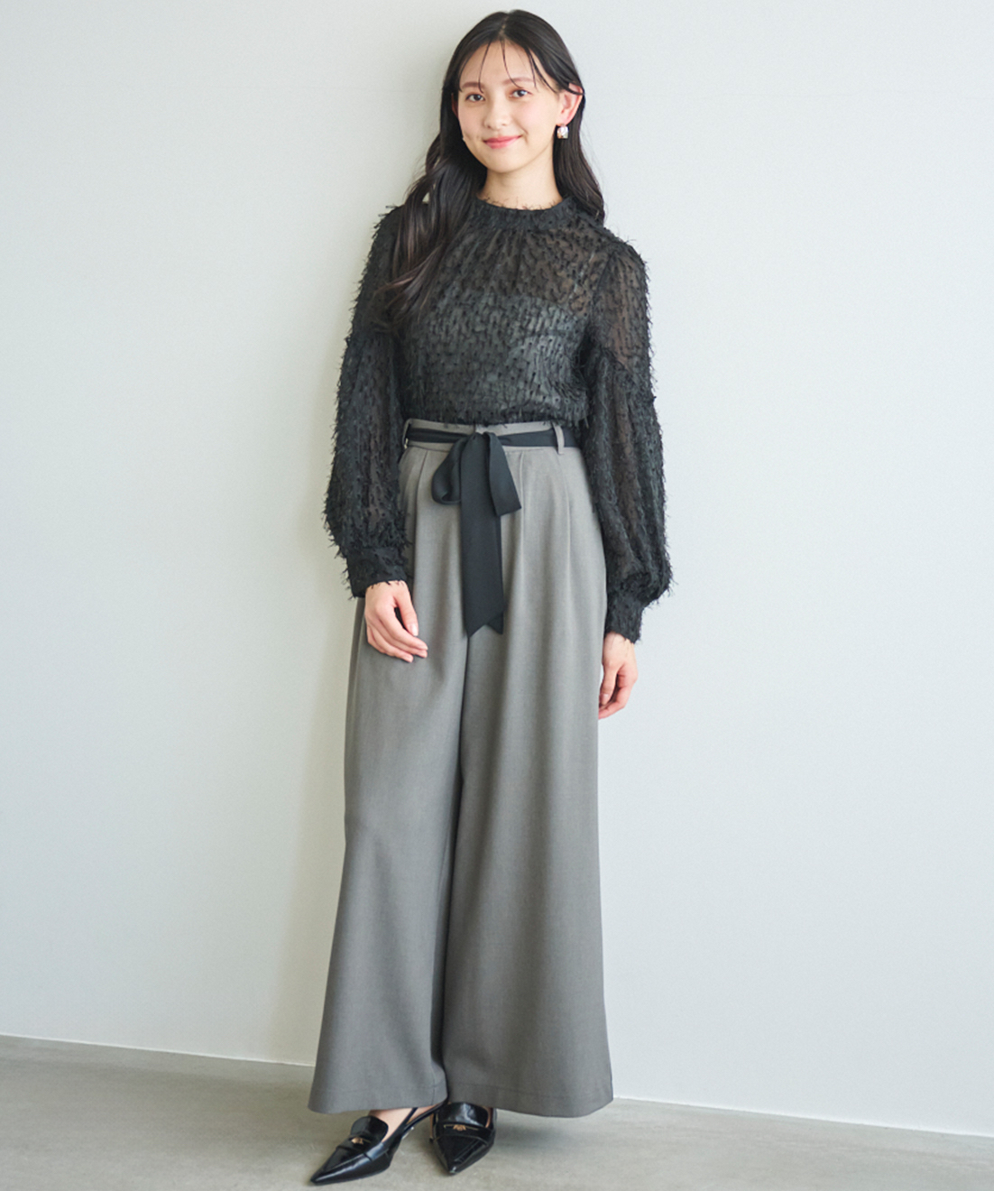 パンツセットアップ リボン付き贅沢マキシワイドパンツ