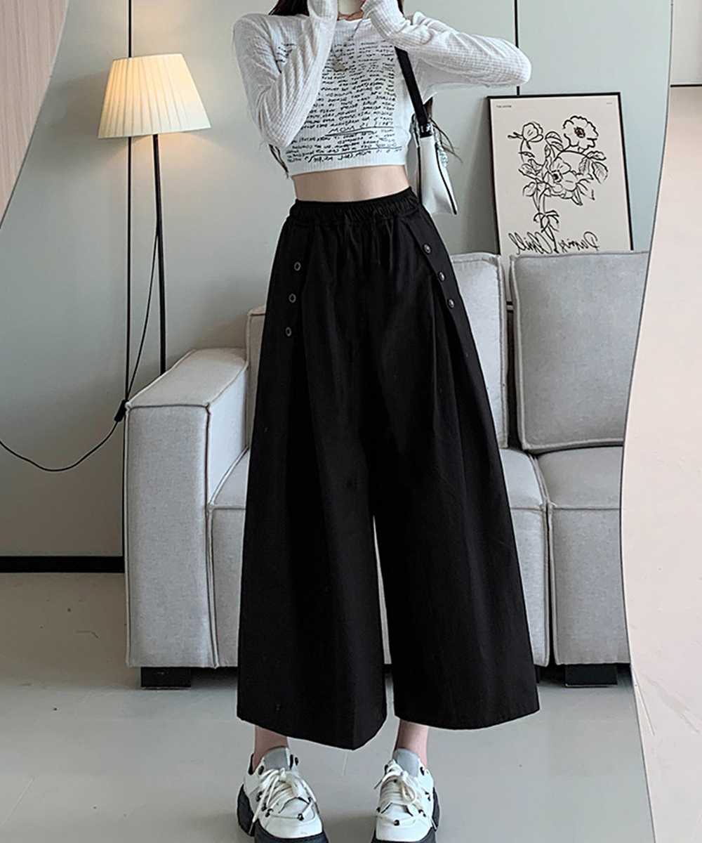 パンツセットアップ サイドボタン付きワイド丈ハイウエストパンツ
