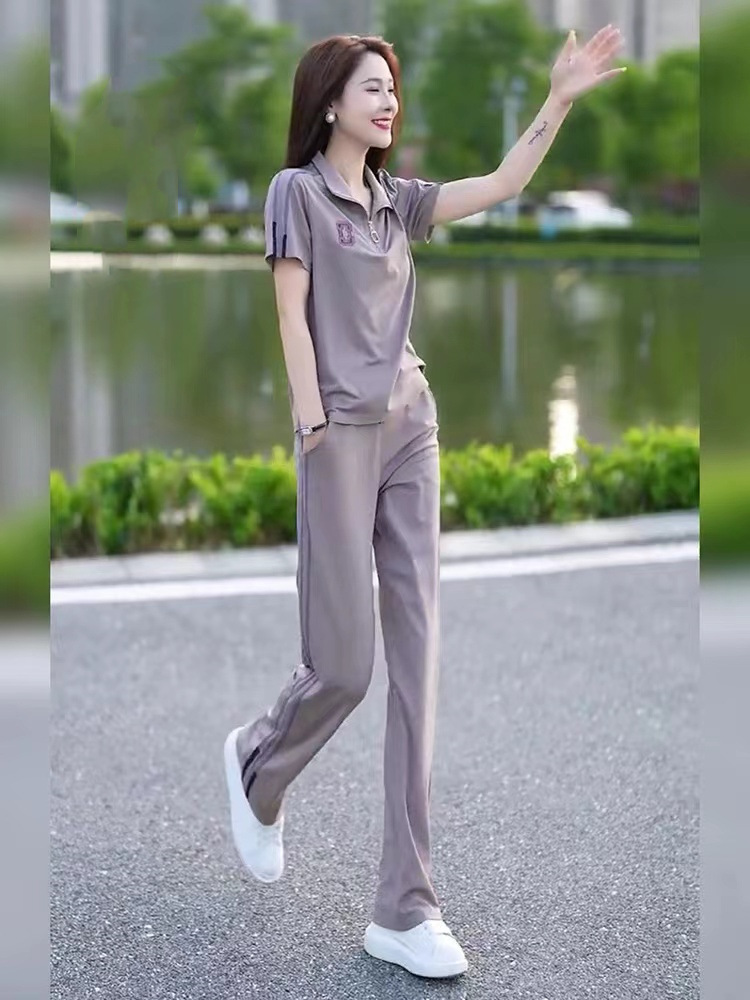パンツセットアップ 半袖ポロシャツワイドパンツセット