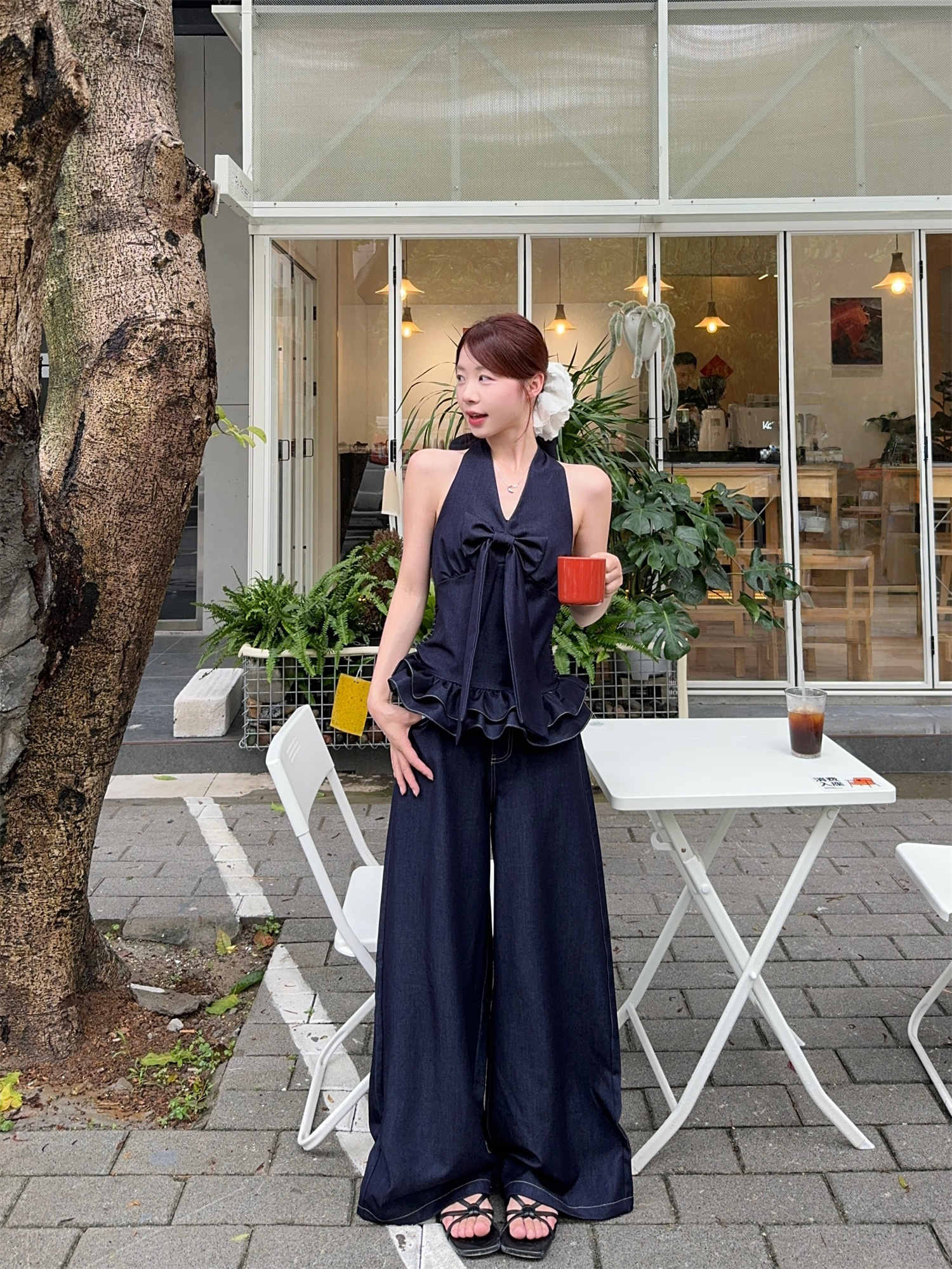 パンツセットアップ 今季注目のデニムベスト×ワイドパンツセット