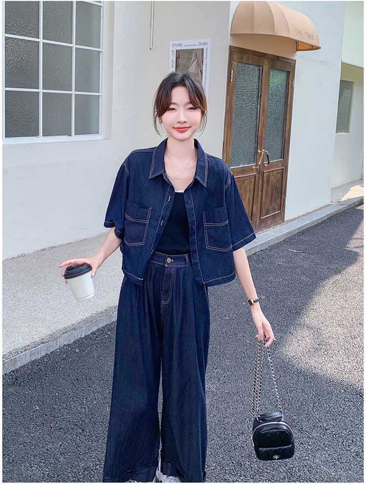 パンツセットアップ 半袖デニムワイドパンツセットアップ