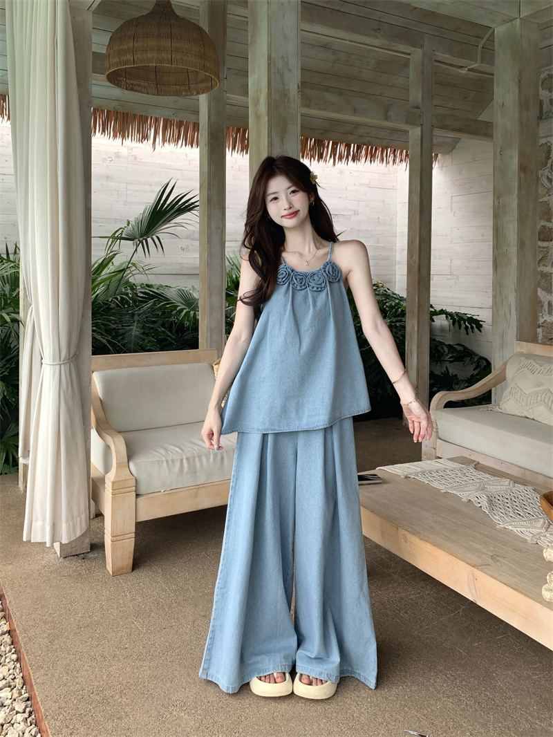パンツセットアップ 夏新作韓国風花飾りキャミソール×ワイドパンツセット