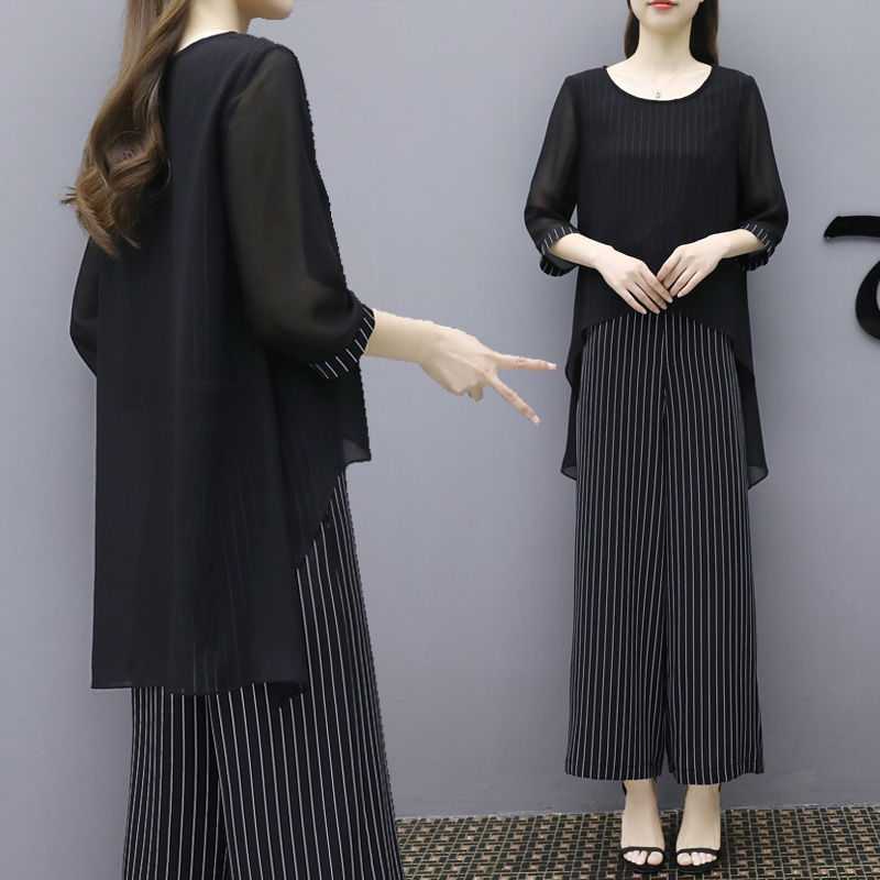 パンツセットアップ シフォン重ね着風ストライプワイドパンツセット