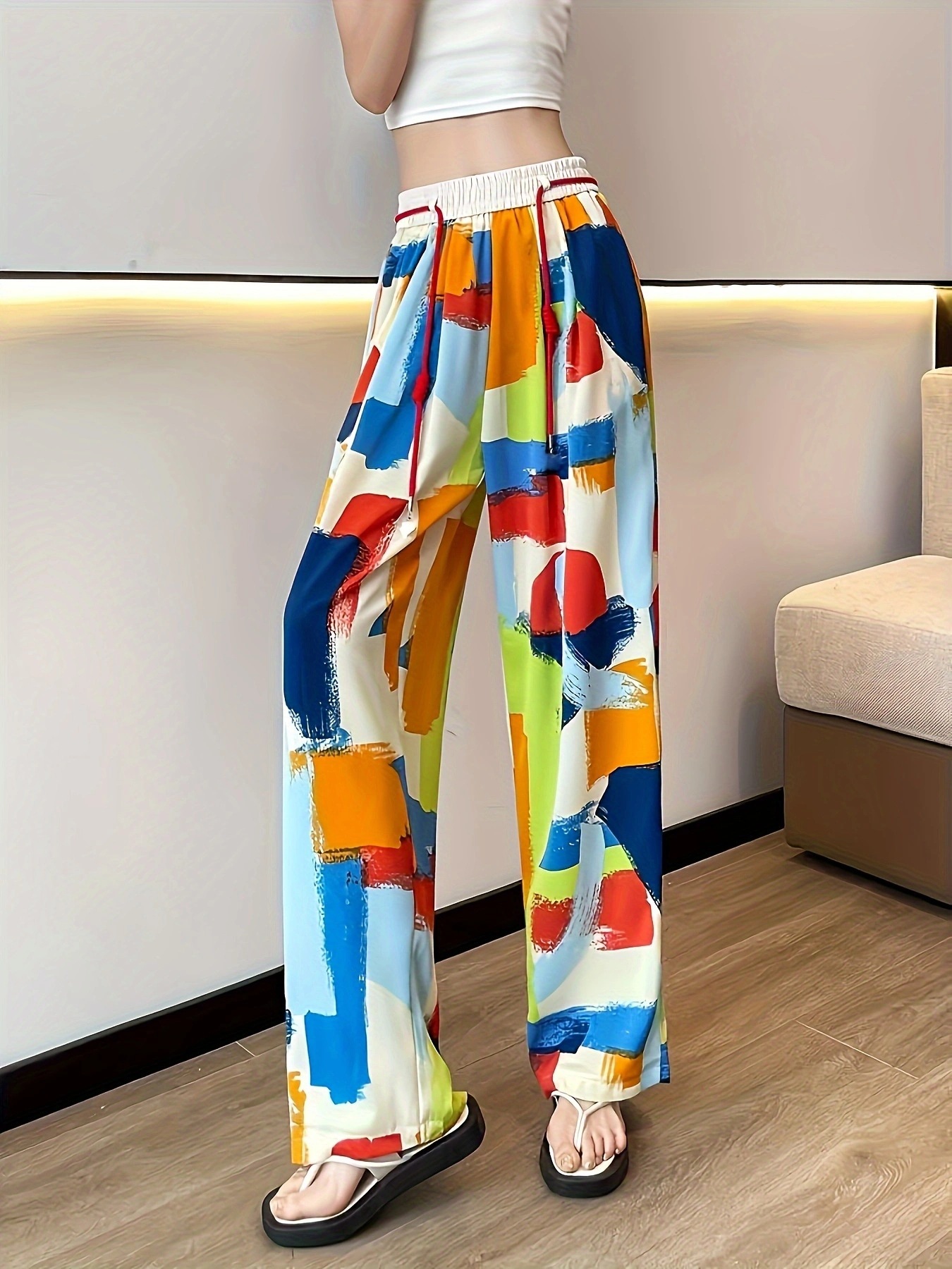パンツセットアップ アートペイント風ゴム腰ワイドパンツ