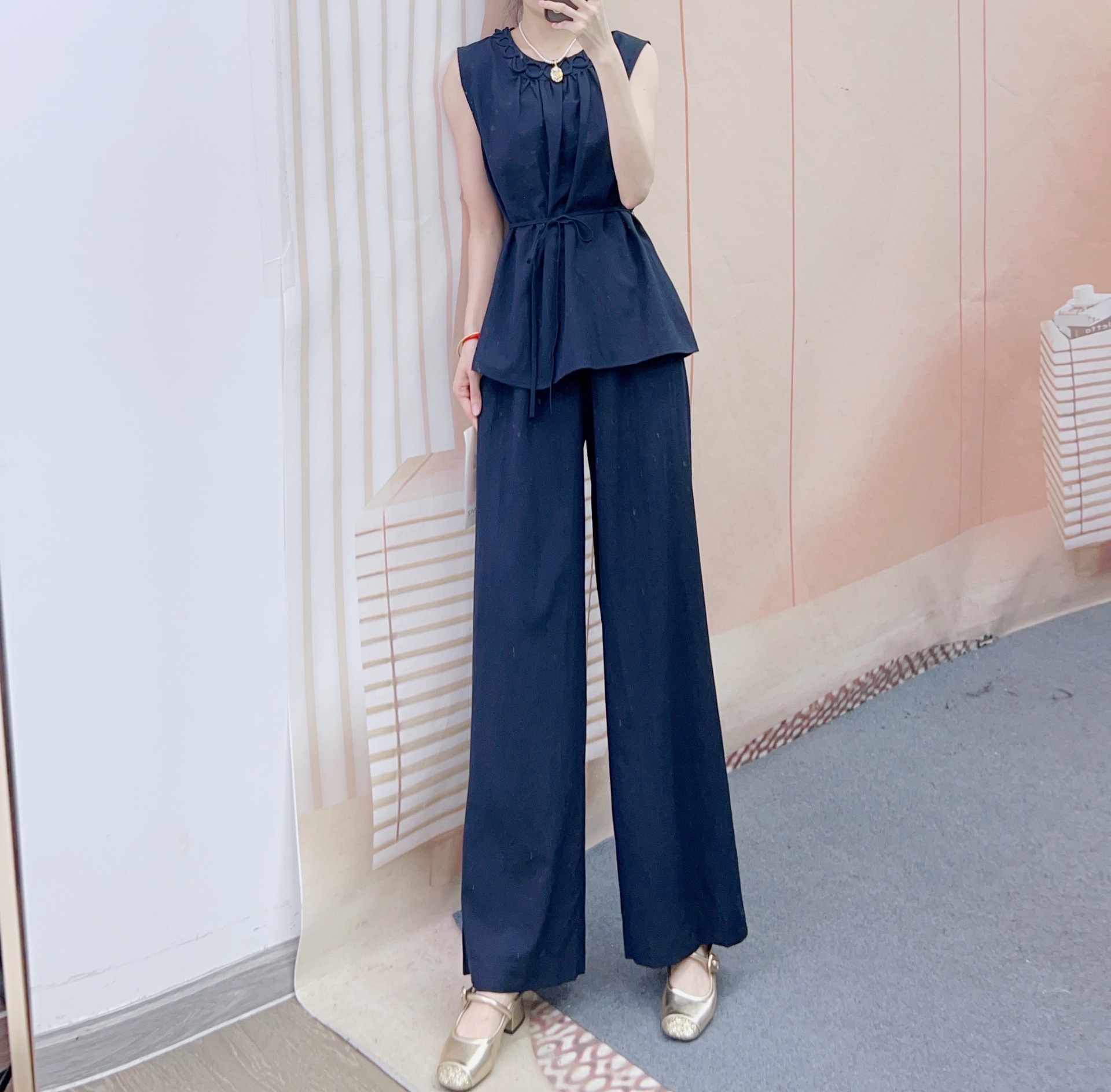 パンツセットアップ 絹風リングネックワイドセットアップ