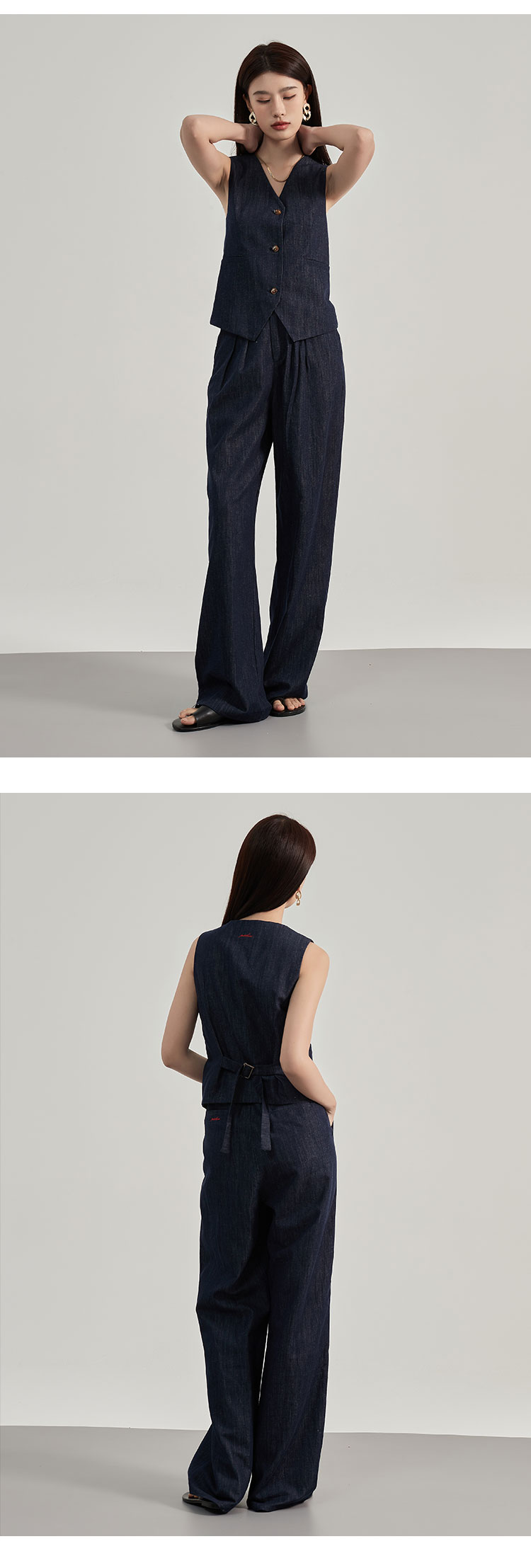 パンツセットアップ ノースリーブベスト付きワイドパンツ