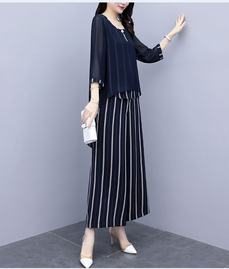 パンツセットアップ 優美シフォン重ね着風ストライプセット