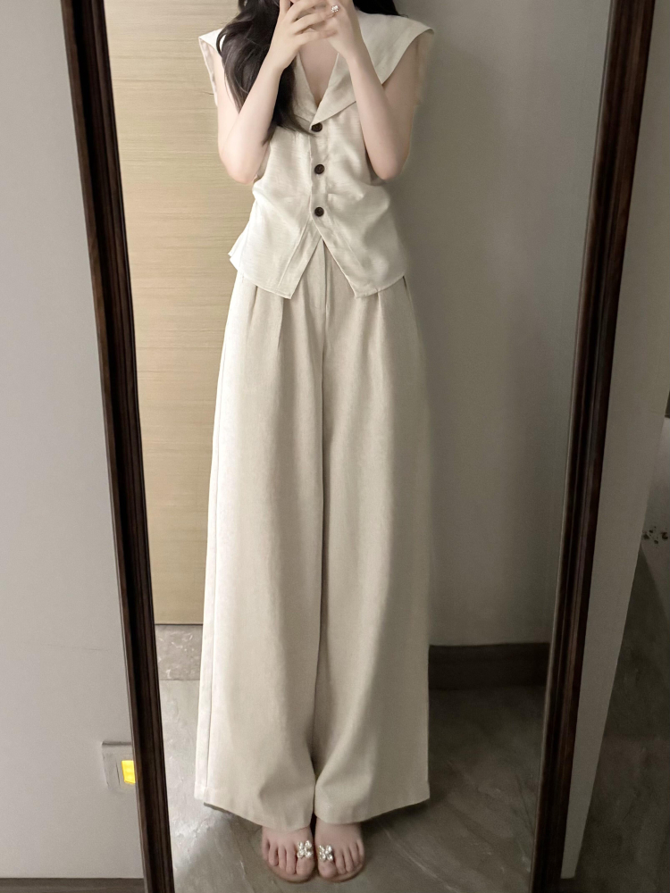 パンツセットアップ リネン風ワイドパンツセットアップ