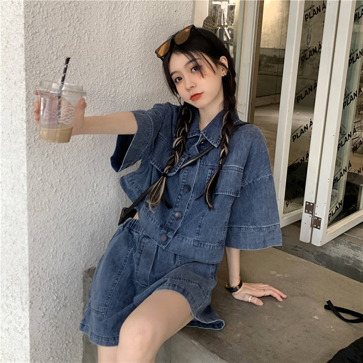 パンツセットアップ デニム風ゆったりショートパンツセット