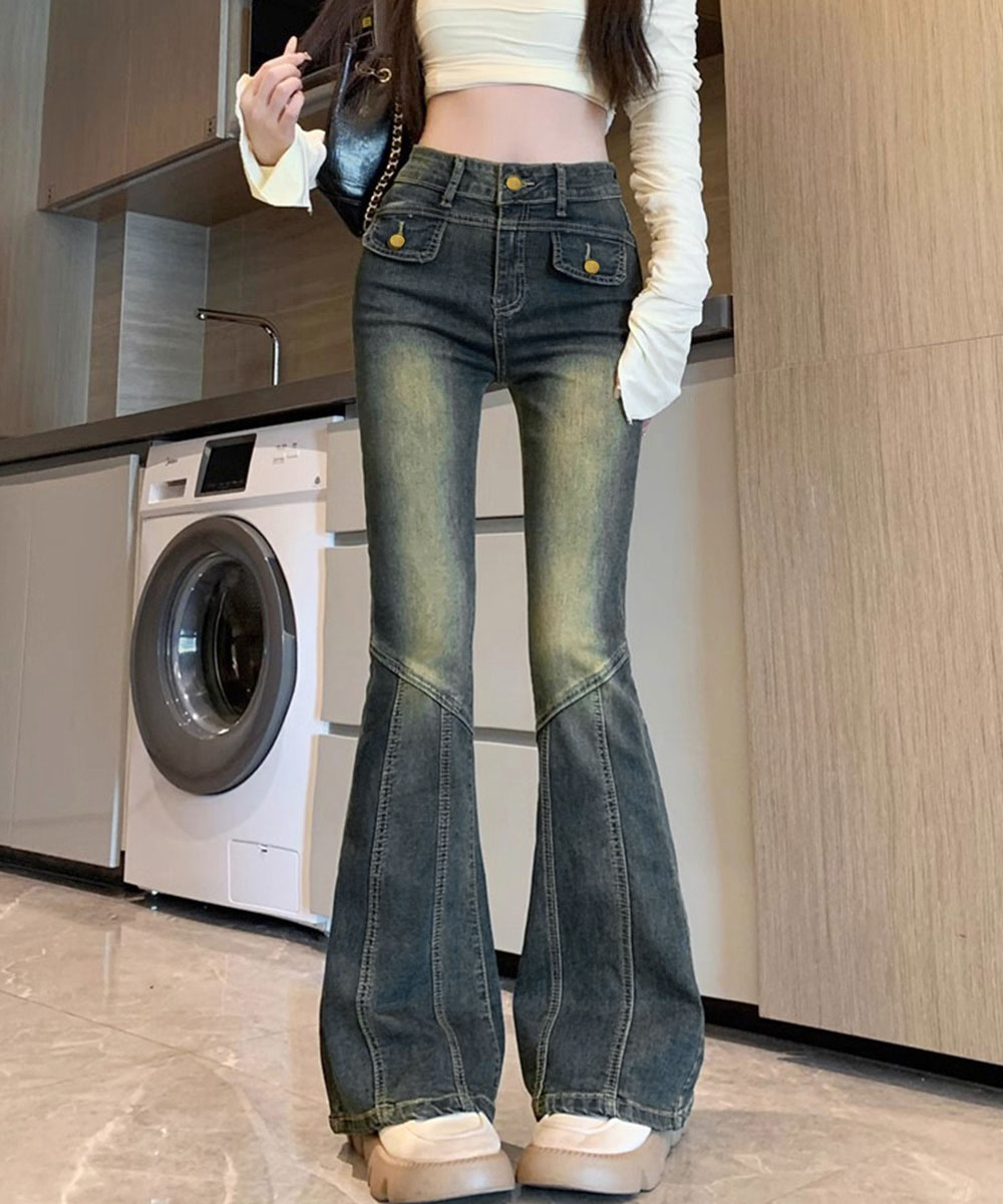 パンツセットアップ 復古風ワイドフレアデニムパンツ女性用