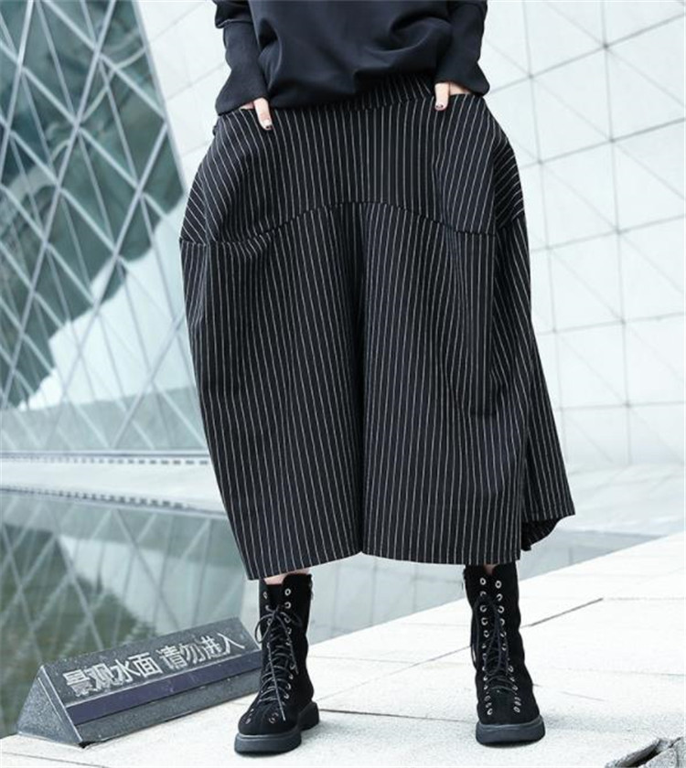 パンツセットアップ 春秋対応ハイウエストしま模様ワイド七分丈キュロット