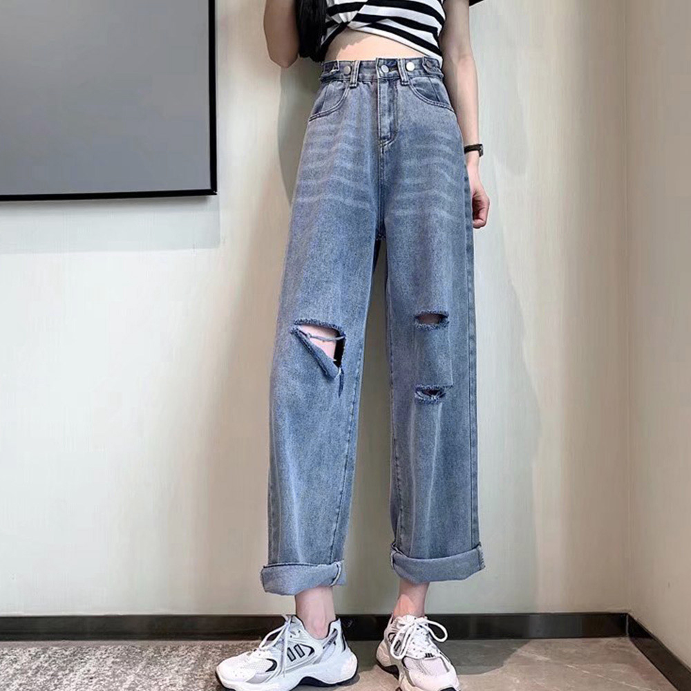 パンツセットアップ ダメージ加工ワイドデニムパンツ ハイウエスト美脚