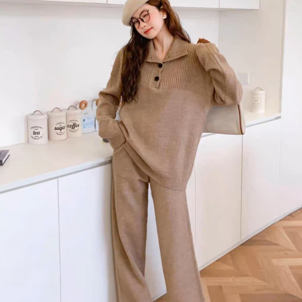 パンツセットアップ 秋冬ニットワイドパンツ上下セット体型カバーゆったり