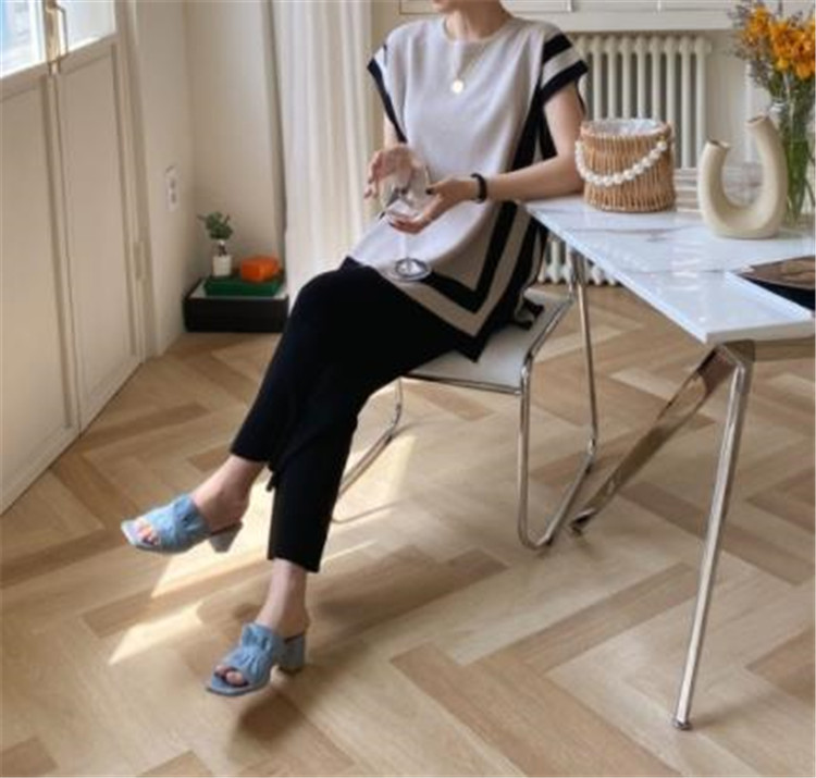 パンツセットアップ 韓国風ボーダー編みニットベスト×ワイドパンツ上下セット