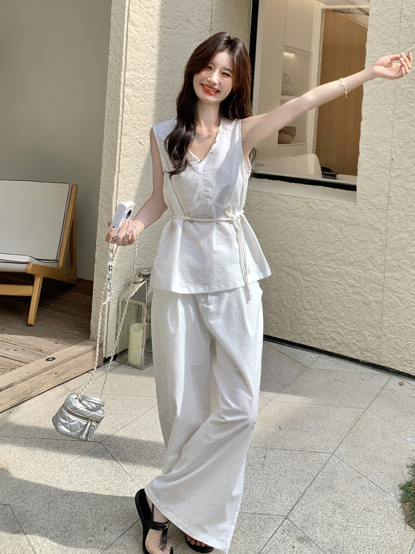 パンツセットアップ 涼感リネン風ワイドパンツセット