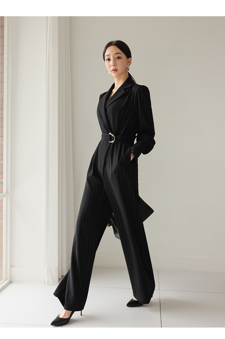 パンツセットアップ 上品ピンストライプ柄ベルト付きテーラードジャケット