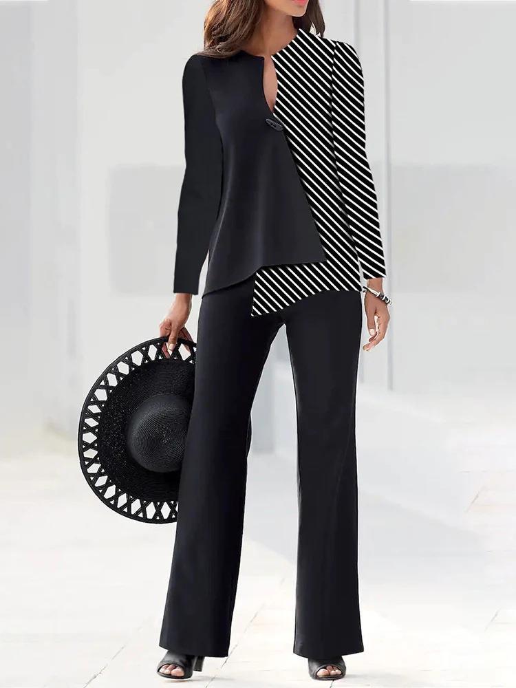 パンツセットアップ 配色切替デザインブラウスとワイドパンツセットアップ