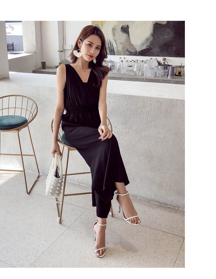 パンツセットアップ 上品ワイドパンツサロペット背中リボンブイネック