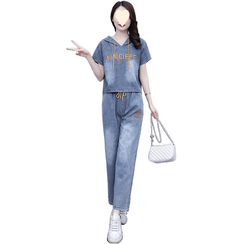パンツセットアップ デニム風フード付きワイドパンツセット