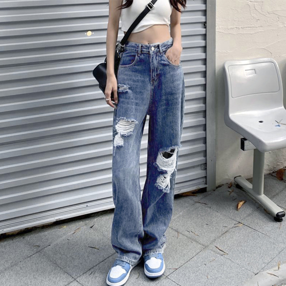 パンツセットアップ レディース ワイド クラッシュダメージ加工デニムパンツ