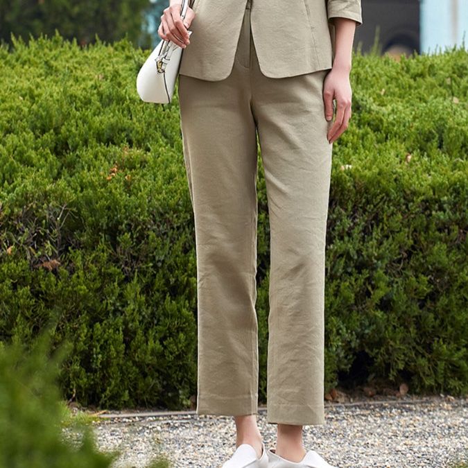 パンツセットアップ スーツ 上質リネン風七分袖