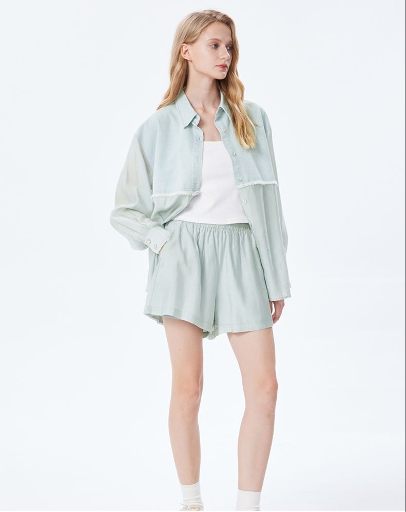 パンツセットアップ ショート 爽やか質感シアーシャツショートパンツ