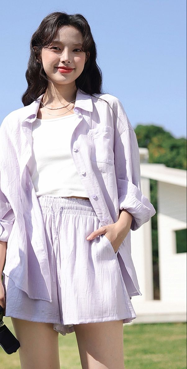 パンツセットアップ ショート 清爽綿麻シャツショートパンツセット